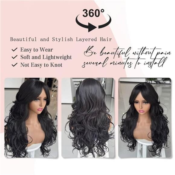 Layered Wavy Wigs with Curtain Bangs Brown Grey - Picture 3 of 7